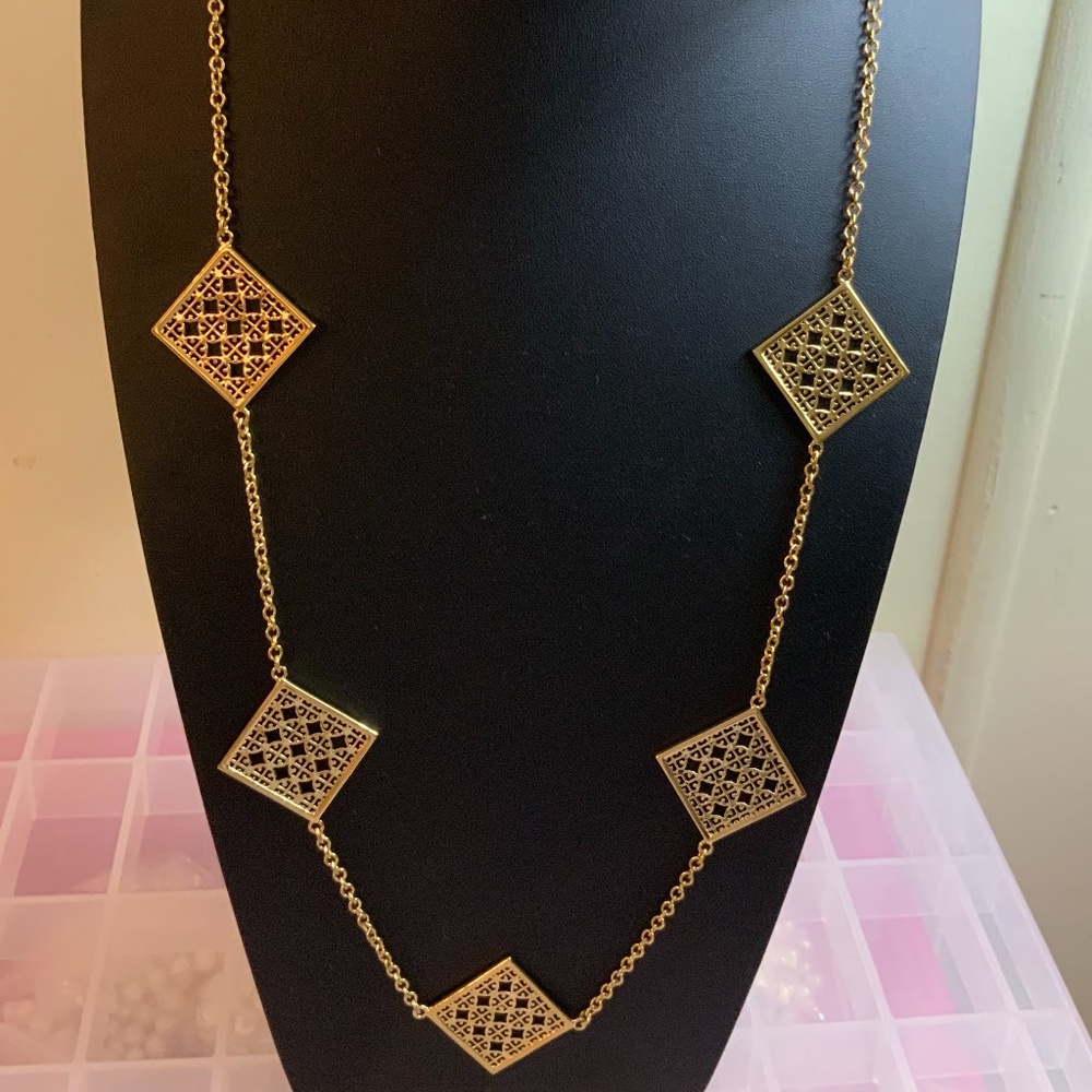 Tory Burch Gold Filigree Square Station Necklace
